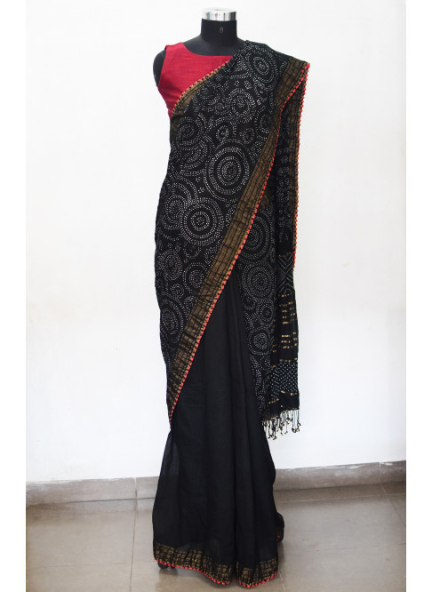 Black, Handwoven Organic Cotton, Textured Weave , Tie & dye, Occasion Wear, Jari, Rai Bandhani Saree
